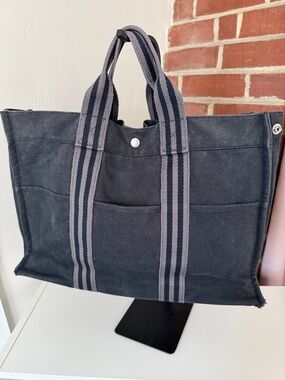 Authentic Hermes Canvas Tote Bag in Dark Gray with Striped Handles